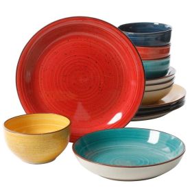 12-Piece Stoneware Dinnerware Set in Red Blue Green Yellow - Service for 4 12-Piece Stoneware Dinnerware Set in Red Blue Green Yellow - Service for 4